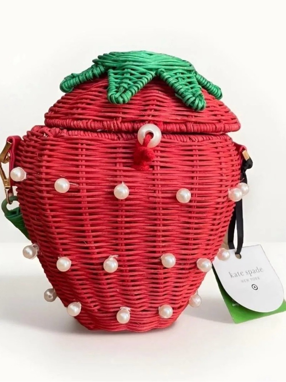 kate spade Red and Green Strawberry Mini Woven Crossbody